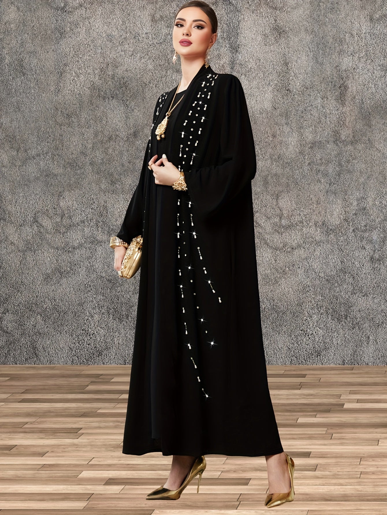 Elegant Black Maxi Kaftan Cardigan with Pearl Accents - Long Sleeve, Open Front Abaya, Polyester, Non-Stretch Fabric for Women | Ideal for Middle Eastern Style & Travel Outfits