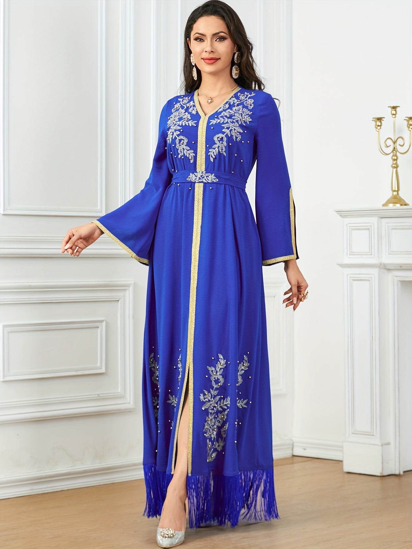 Women's Embroidered Long Sleeve Modern Abaya, 100% Polyester, Solid Color, Non-Stretch Woven Fabric, 155g/m² Weight, 90g/m² Lining, All-Season Fashion with Belt Detail