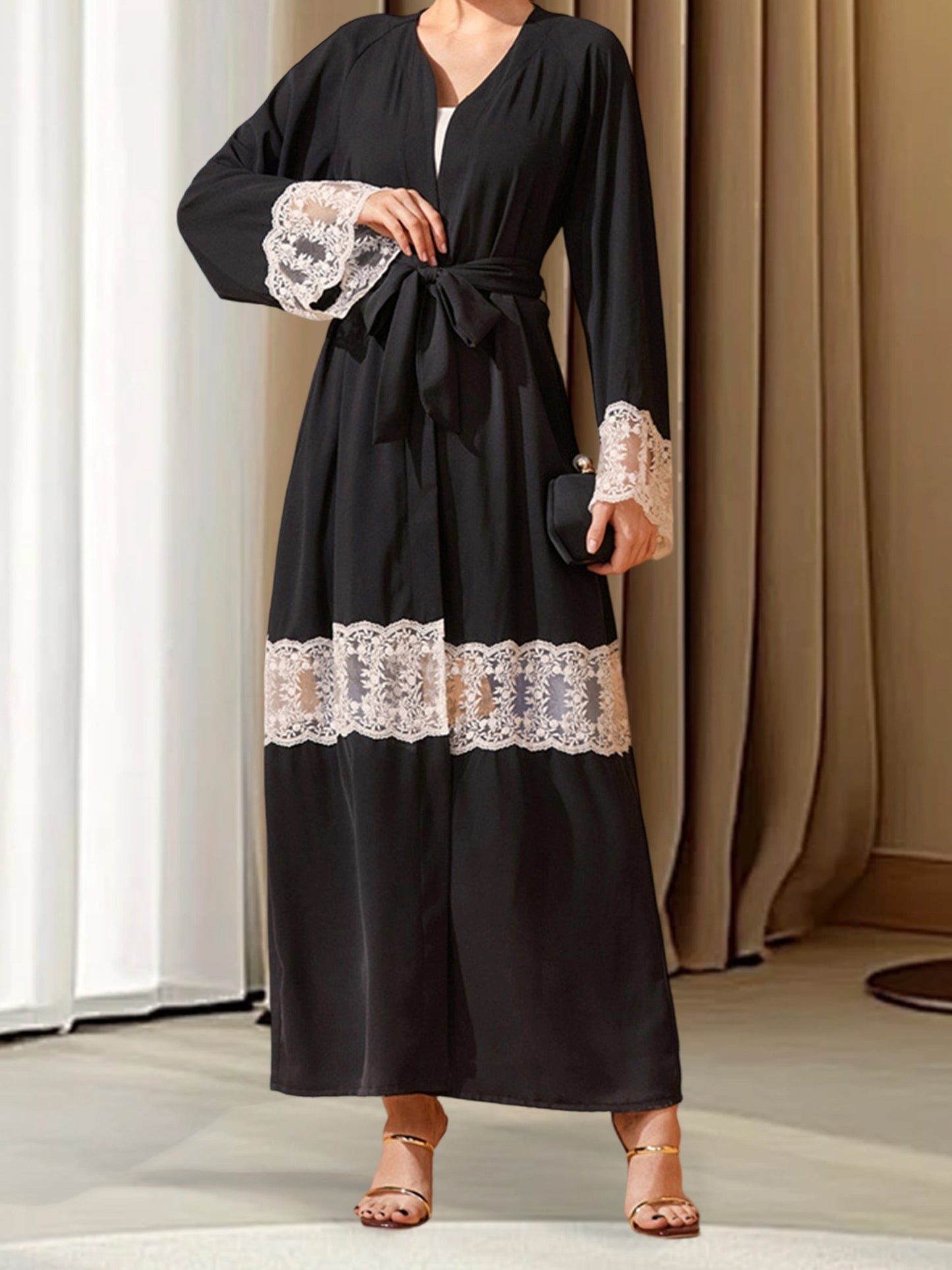 Women Open Palestinian Abaya Elegant Lace Patchwork V-Neck Long Sleeves Islamic Prayer Dresses Robe with Belt Casual Arabic Dresses