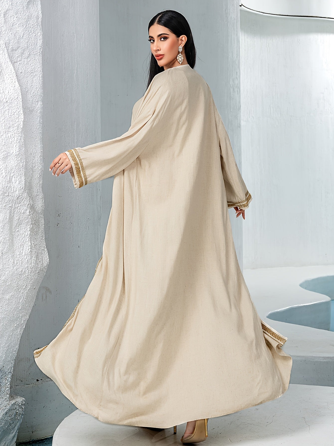 Beige Handmade Rhinestone Embellished Traditional Style Two-Piece Set Abaya Gown Dress