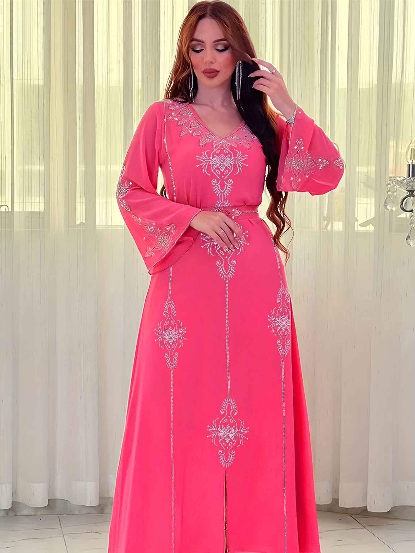 Elegant Rhinestone Embellished Chiffon Dress - Summer Long Robe for Women, Polyester, Machine Washable, Middle Eastern Style Palestinian Abaya