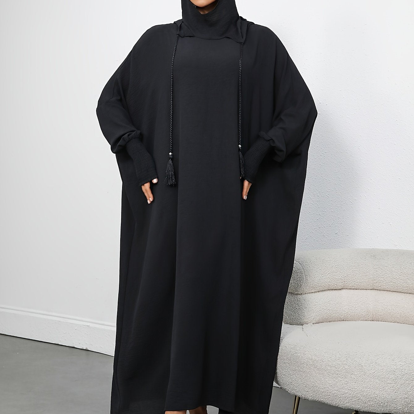Women's Elegant Black Hooded Batwing Sleeve Dress - Loose Fit Long Flowy Turkish Kaftan, Machine Washable Polyester, Plus Size Friendly, Adjustable Drawstring Waist for Ramadan & Casual Wear Abaya