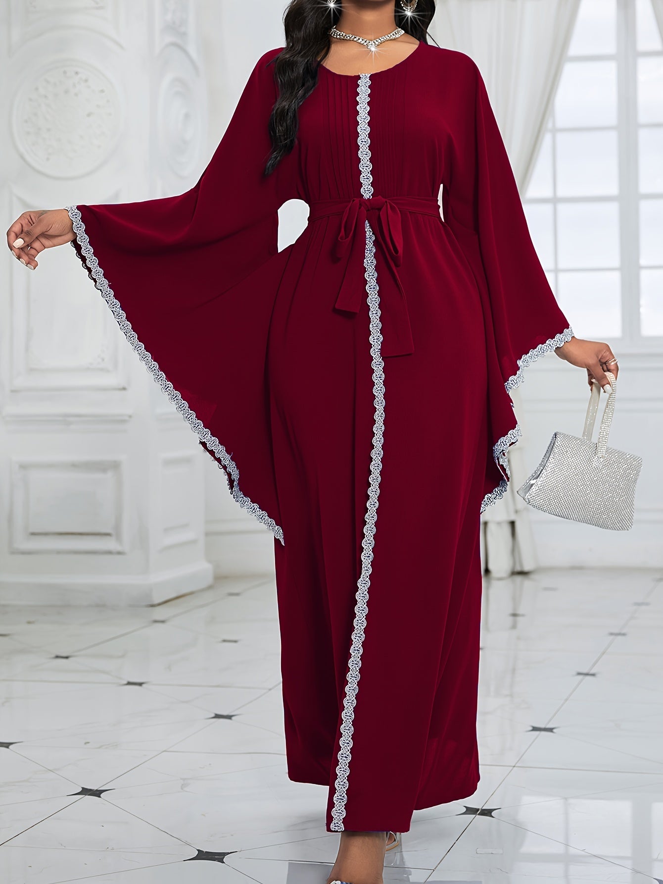 Women's Middle Eastern-Inspired Geometric Print Pakistani Abaya - Long Sleeve Belted Waist Floor-Length Dress with Pockets, Breathable Fabric for Spring/Summer