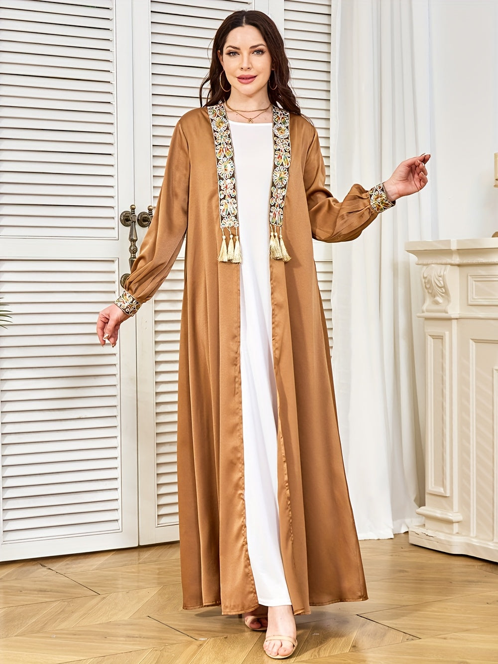 Middle East Dubai New Evening Dress Muslim Women's Open Front Tassel Pendant Abaya Two-Piece Set