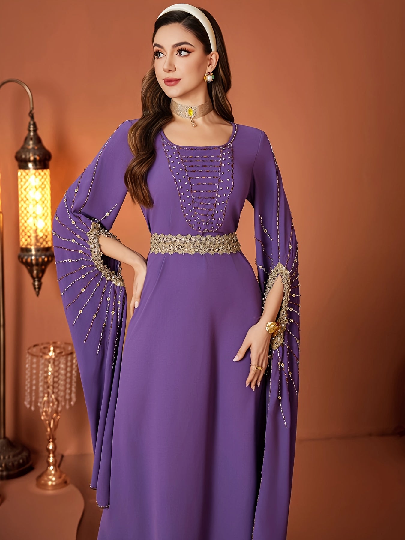 4006 Women's Loose-Fit Middle Eastern Modern Abaya Dress - Long Sleeve with Slit & Sequin Details, 100% Polyester Lightweight Spring/Summer Casual Elegant Dress for Modest Fashion