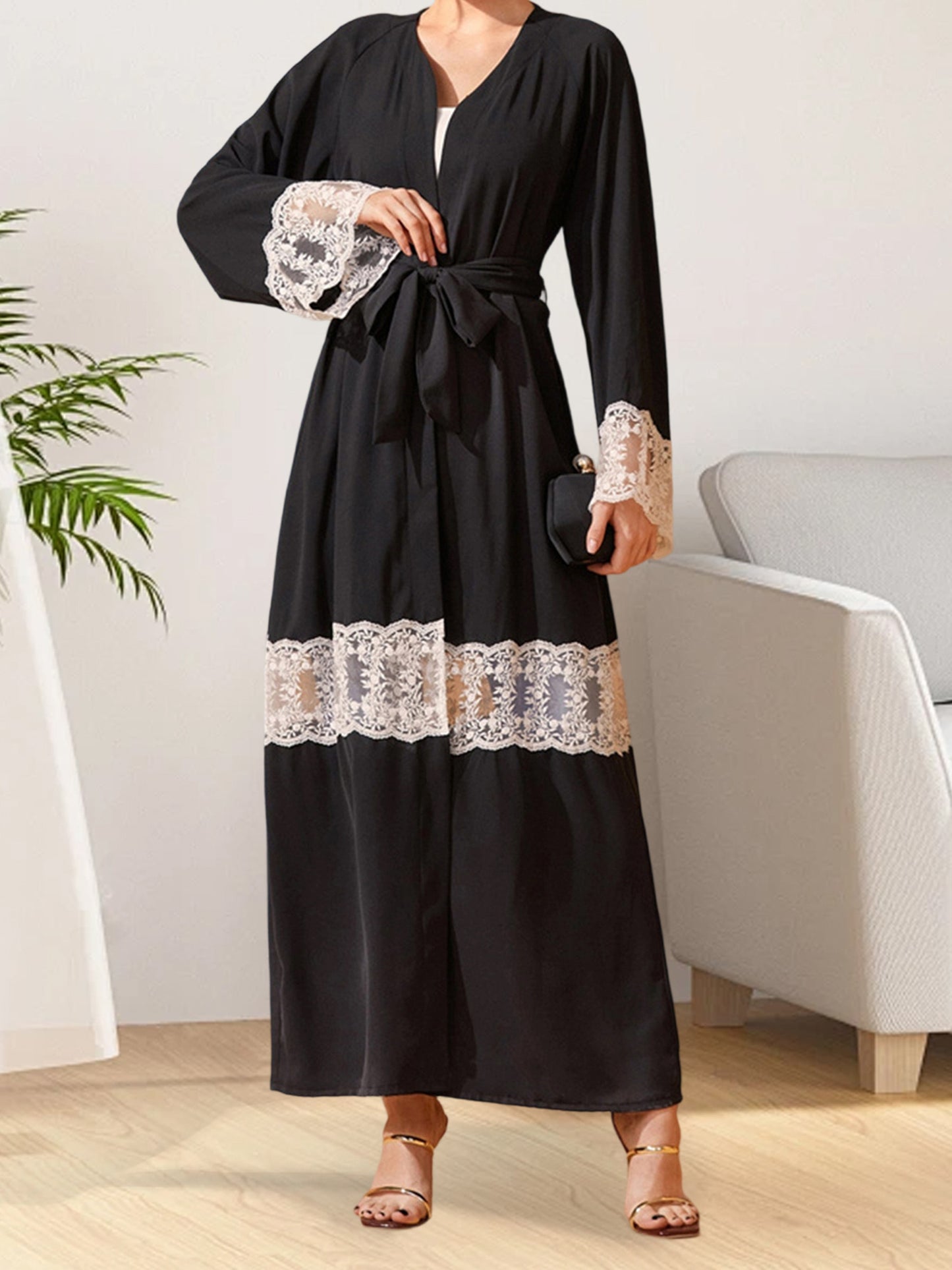 Women Open Palestinian Abaya Elegant Lace Patchwork V-Neck Long Sleeves Islamic Prayer Dresses Robe with Belt Casual Arabic Dresses