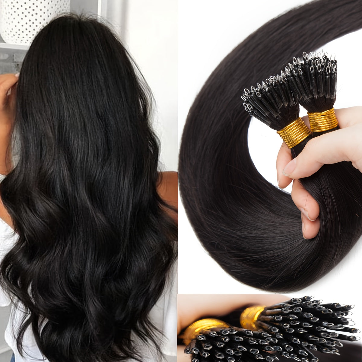 100% Human Hair Extensions - 50 Strands Nano Rings, Thick, Smooth, Remy Hair
