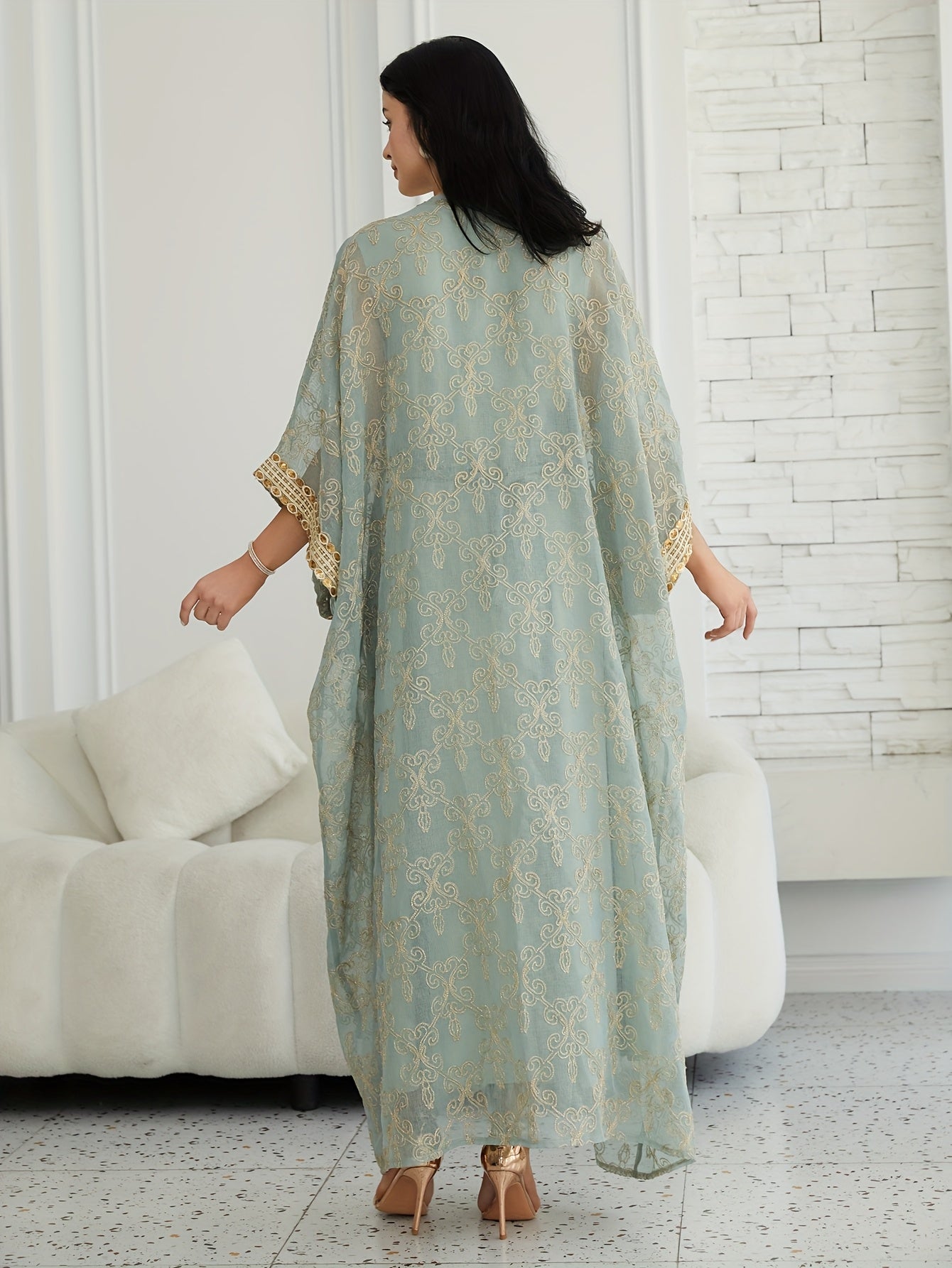 Oriental Style Sequined Lace Two-Piece Mesh Emirati Abaya Dress for Women, Middle Eastern Traditional Long Robe