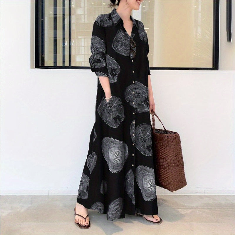 Women's Islamic Abaya Dress - Elegant Long Sleeve Muslim Jilbaab Dress with Lapel Collar, Black & Golden Floral Print, Loose Fit Modest Muslim Gown for Everyday & Special Occasions