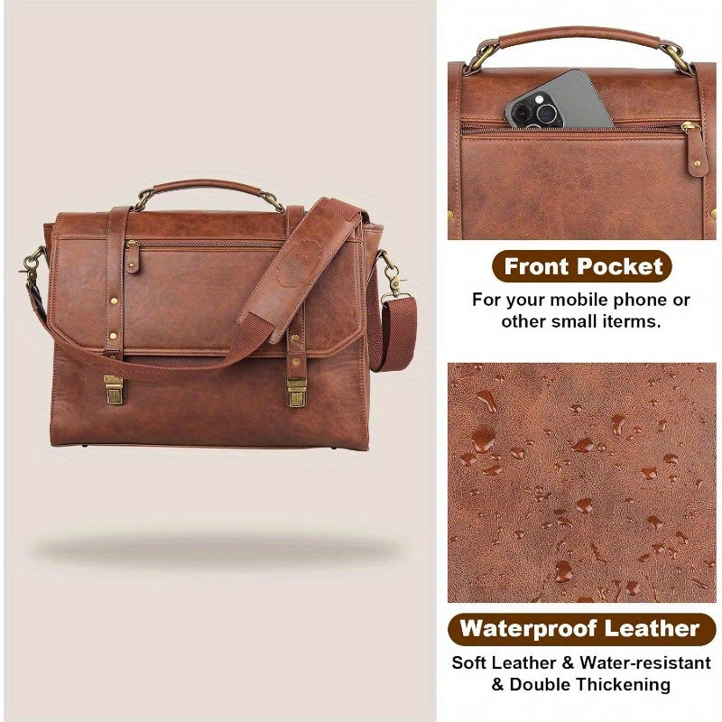 Men's 17 Inch High Quality Leather Laptop Messenger Bag - Retro Vintage Style with Multiple Compartments, Adjustable Shoulder Strap & Metal Hardware, Durable Satchel for Office