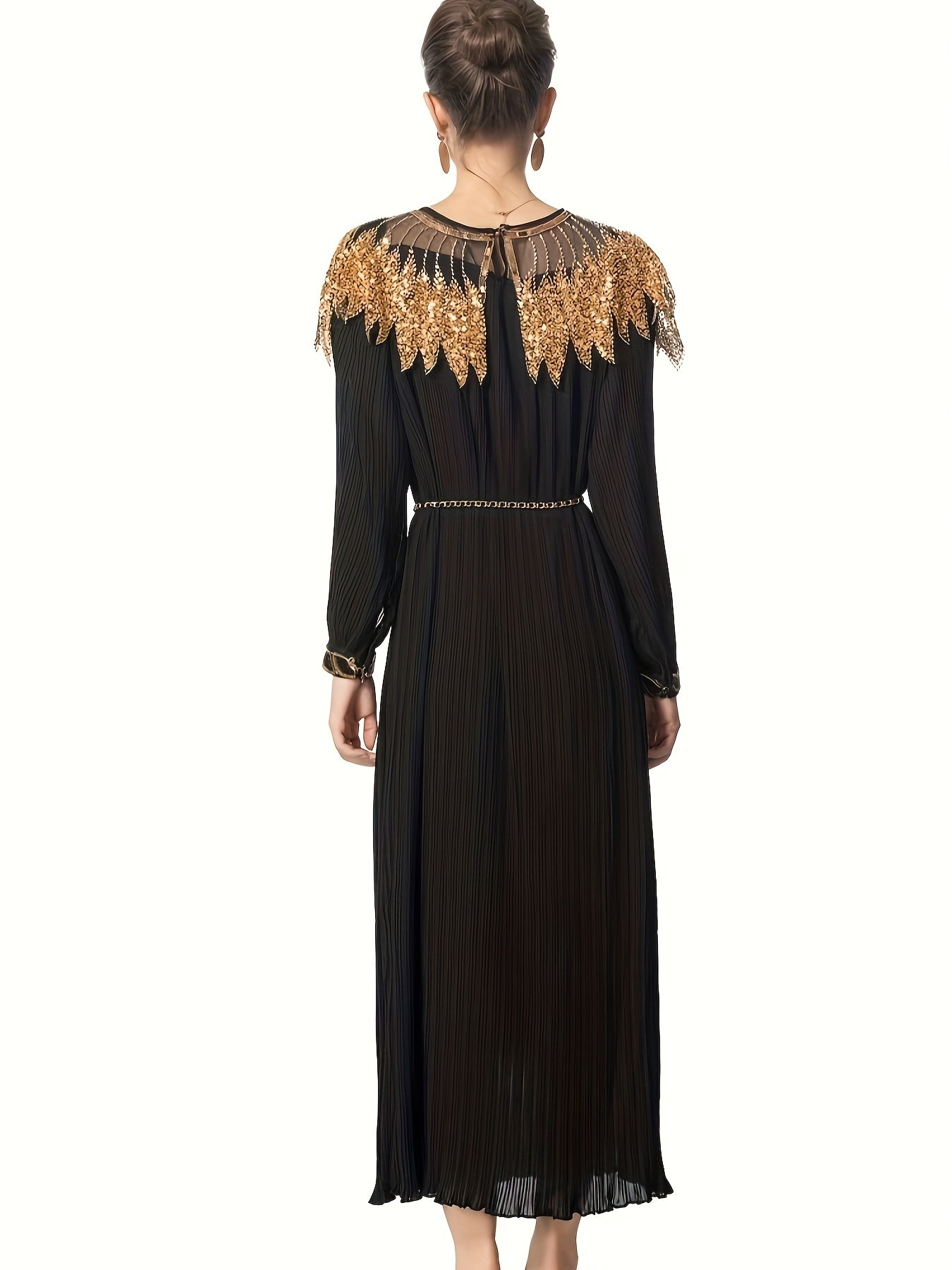Elegant Black Sequin Gown with Golden Embellishments, Long Sleeves, and Asymmetrical Hem - Loose Fit Modern Abaya, Polyester, Perfect for Parties and Formal Events, Formal Event Attire