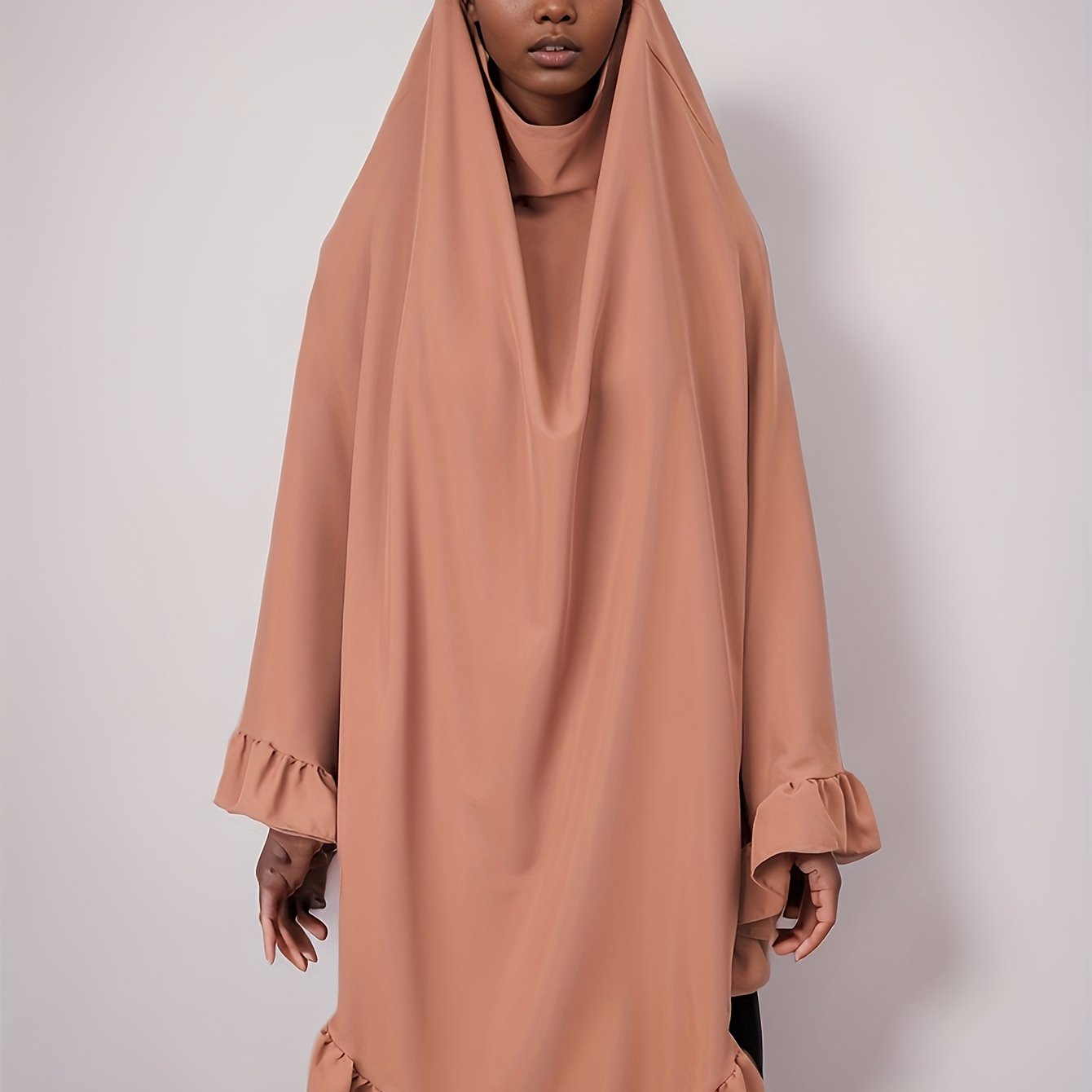 1pc Muslim Prayer Khimar Abaya Burqa - Arabian Style Modest Covering with Ruffled Hem & Wooden Edge, Machine Washable All-Season Solid Color Brown Hijab Scarf, Prayer Shawl for Women