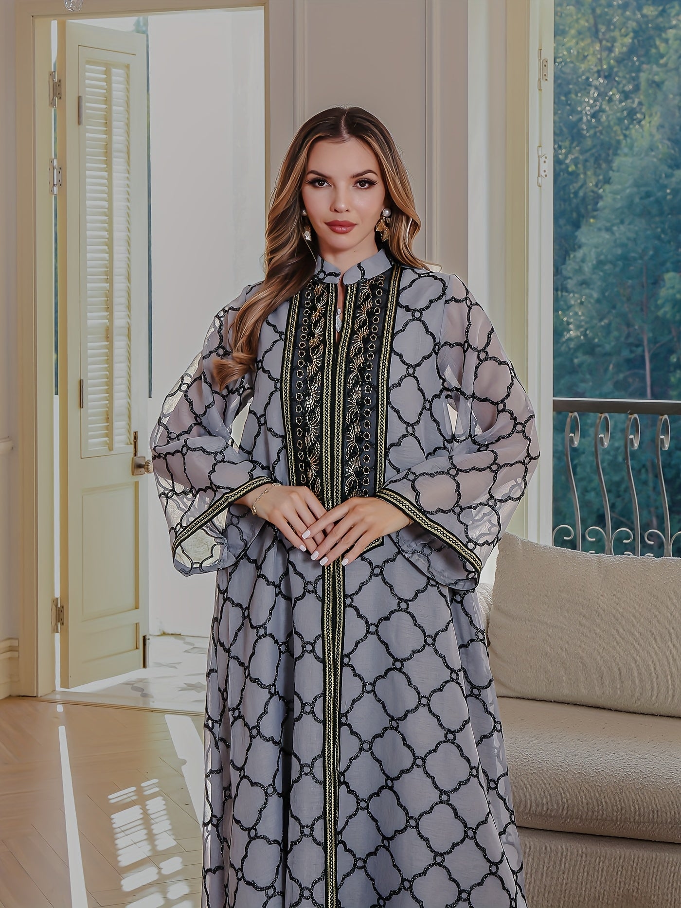 Elegant Black & White Geometric Sequin Embroidered Abaya - Long Sleeve Maxi Dress with Belt, Middle East Dubai Style Evening Gown for Women, Handmade Luxury Robe for Formal Occasions