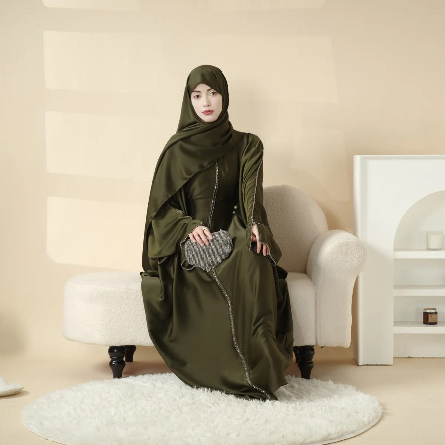 Batwing Emirati Abaya with Matching Hijab | Batwing Sleeve Abaya – Elegant Middle Eastern Arab, Islamic Style Shawl Robe Dress for Women, Long Skirt, Ramadan Prayer Outfit