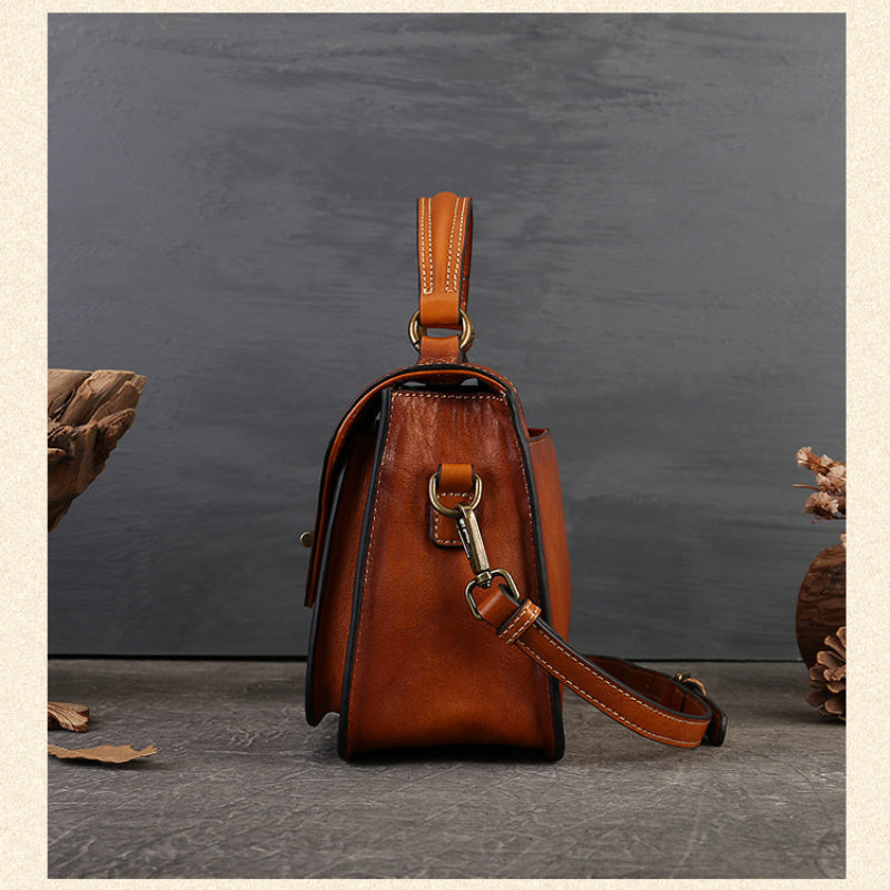 Women's Genuine Leather Retro Messenger Bag - Adjustable Crossbody & Shoulder Strap, Snap Closure, Durable Oil-Edged Trim
