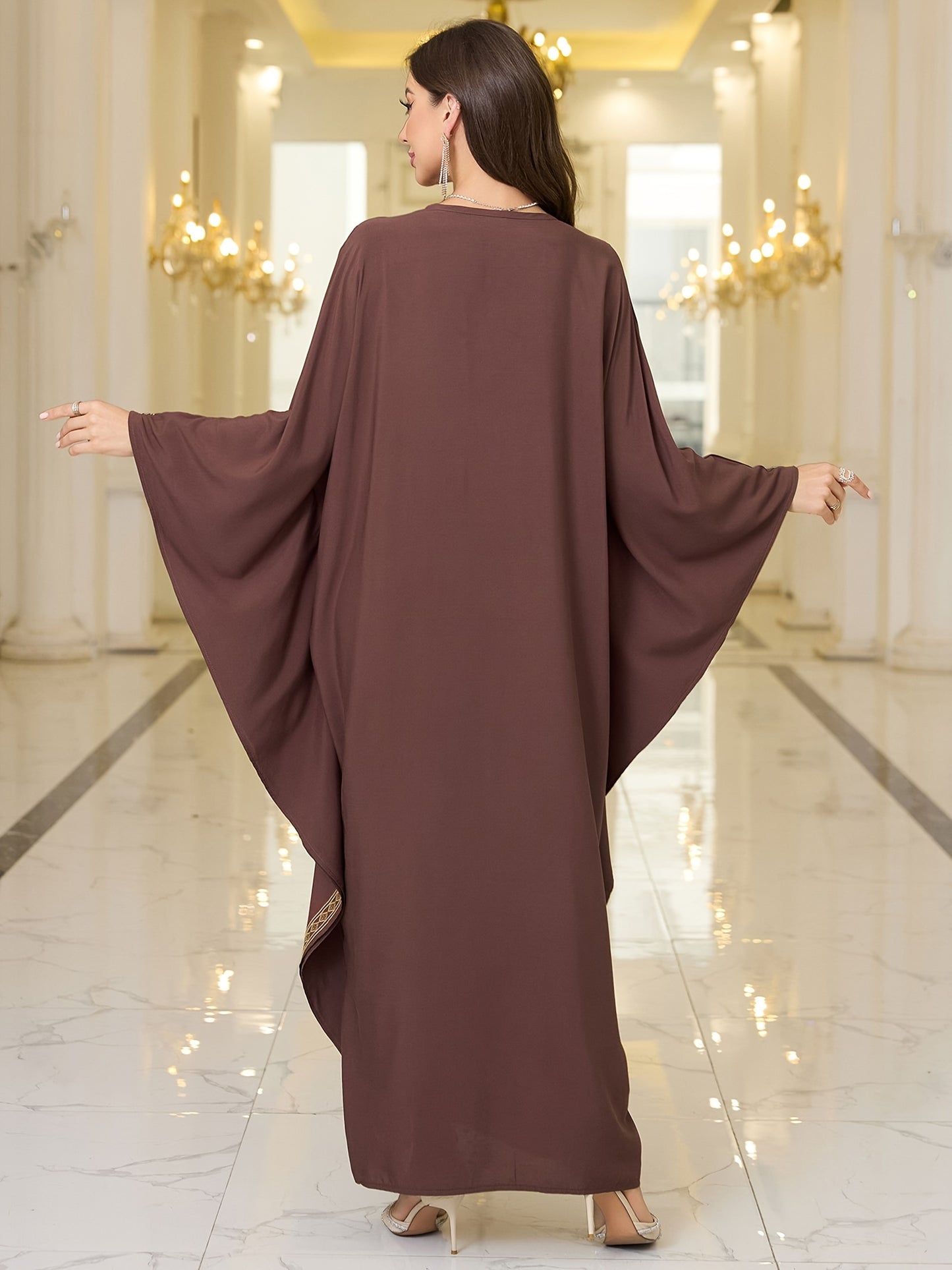 Elegant Plus Size Kaftan Dress with Embroidered Wings - V-Neck, Batwing Sleeves Abaya, Loose Fit Maxi Dress for Women - Suitable for Casual Wear, Parties & Special Occasions - Perfect Gift for Women