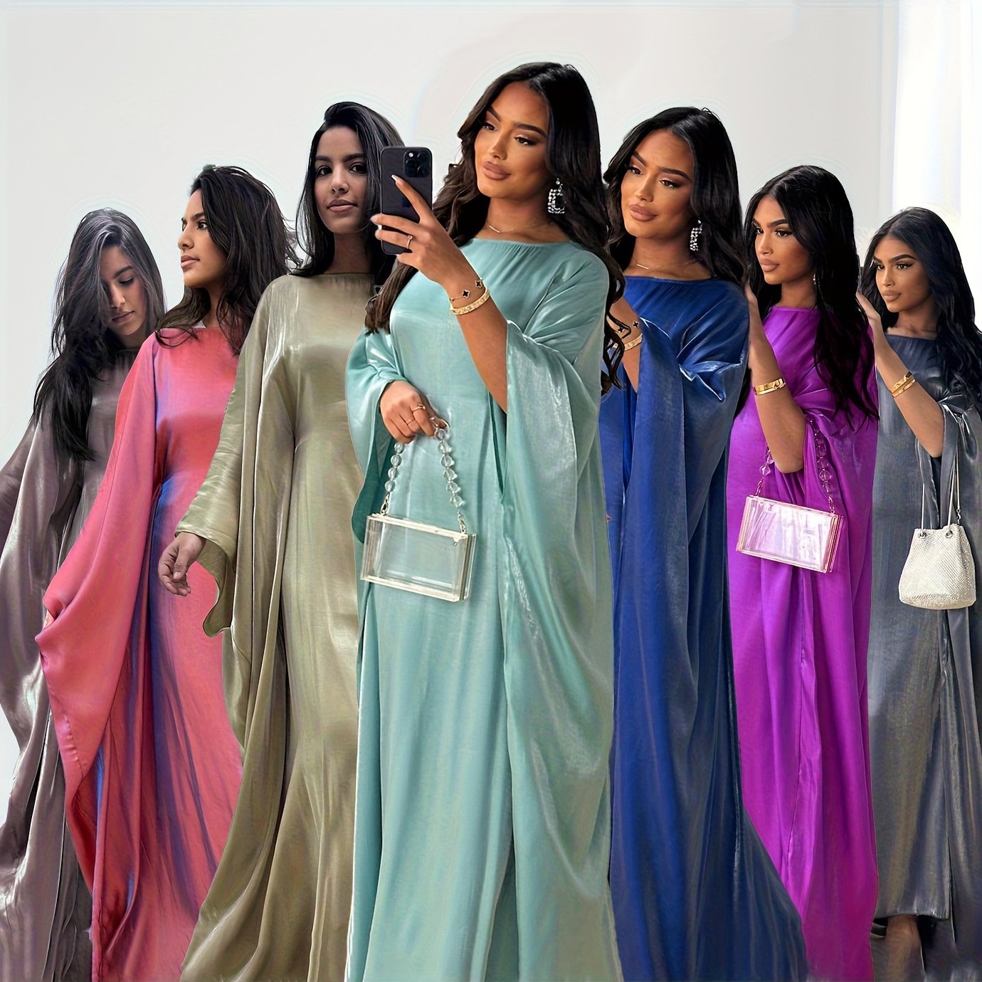 Women's Modest Arabic Abaya Robe Dress - Long Sleeve Asymmetrical Hem Shiny Fabric Cover-Up, Machine Washable All-Season Versatile for Parties Daily Outings, Solid Color Traditional Attire