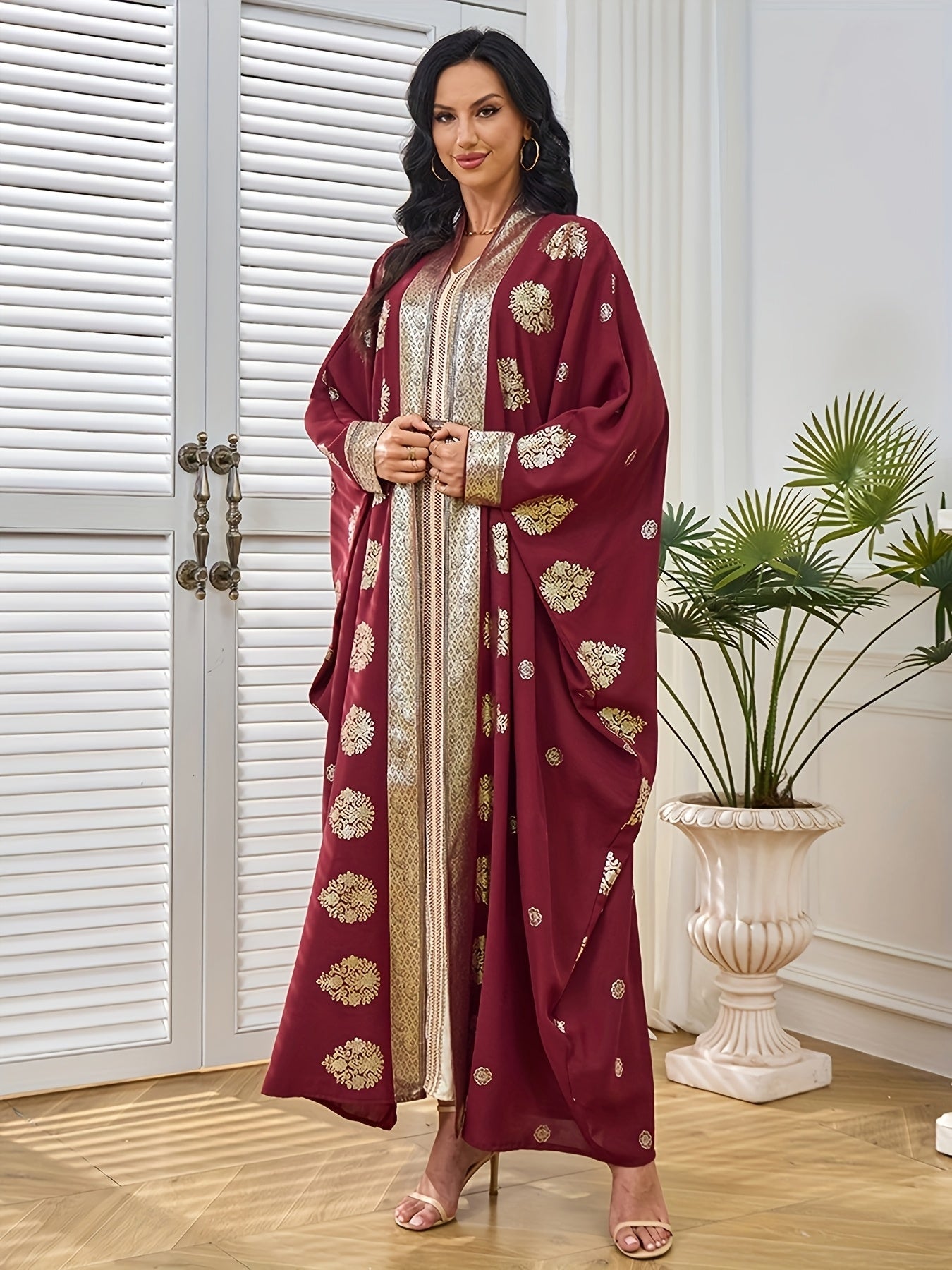 Elegant Maroon & Beige Two-Piece Traditional Dress with Golden Embellishments - Long Sleeve Kaftan Abaya with Batwing Sleeves, Floor-Length Gown for Weddings & Formal Events
