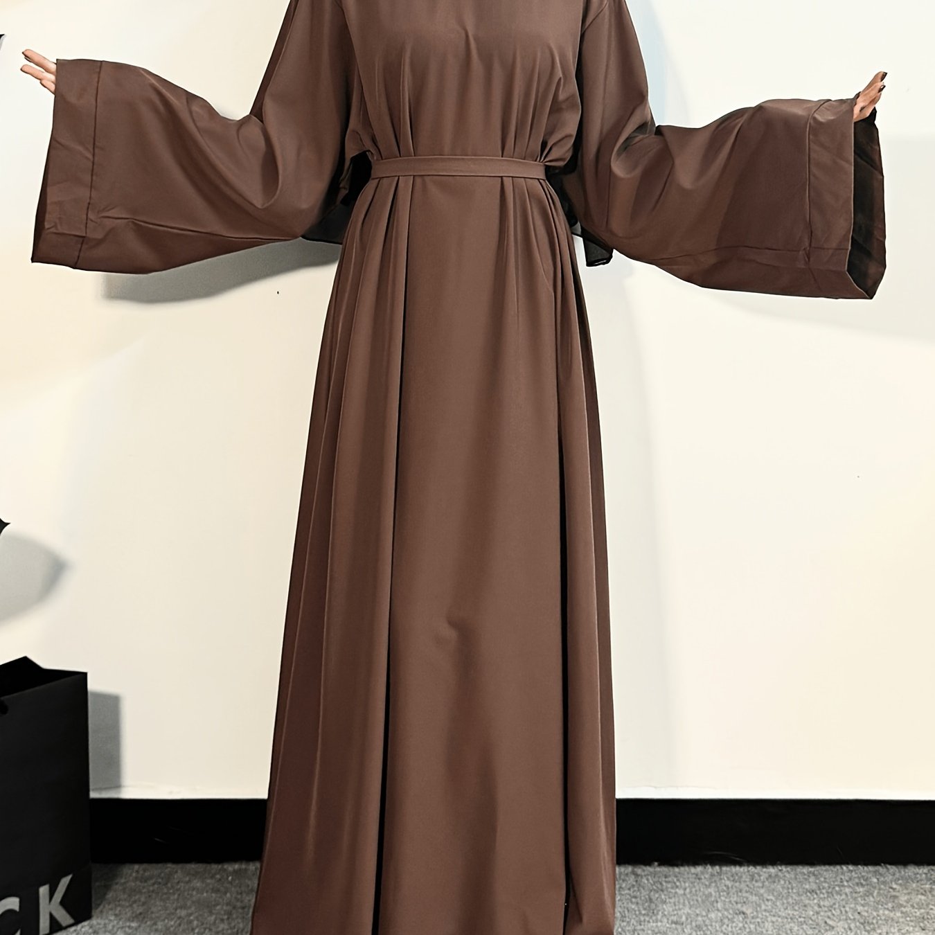 Women's Long Polyester Palestinian Abaya Kaftan with Belt - 100% Polyester, Solid Color, Regular Long Sleeve, Loose Fit, H-Contour, Woven, Non-Stretch, All Seasons, Full-Length Islamic Prayer Dress