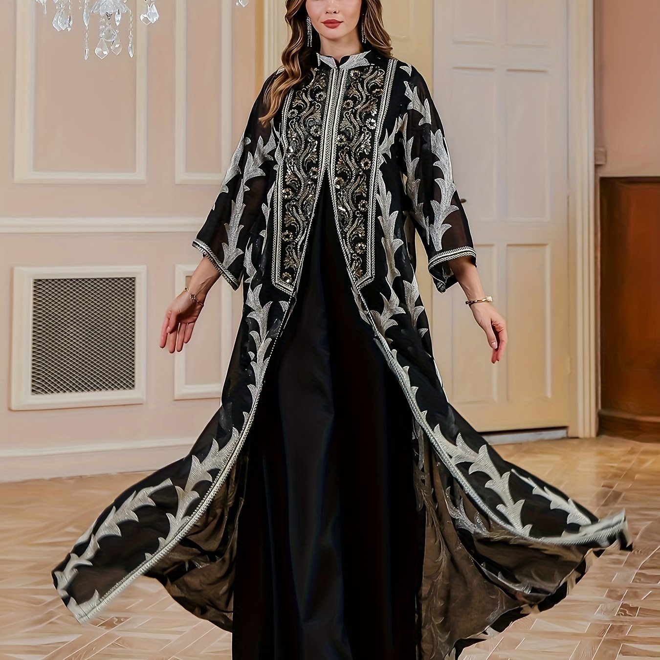 New Sequin Abaya Dress, Middle Eastern High-end Elegant Pure Muslim Two-piece Set, Fashionable and Comfortable Design, Suitable for Daily Wear, INS Middle Muslim Embroidered Long Robe Abaya Light Luxury Evening Dress Two-piece Set