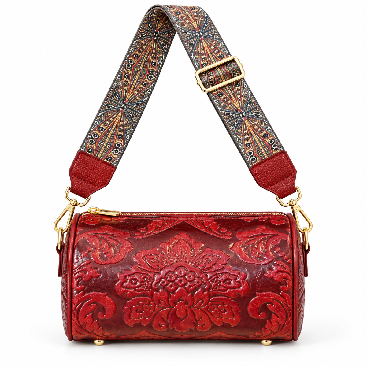 Burgundy Floral Embossed Vintage Crossbody Bag