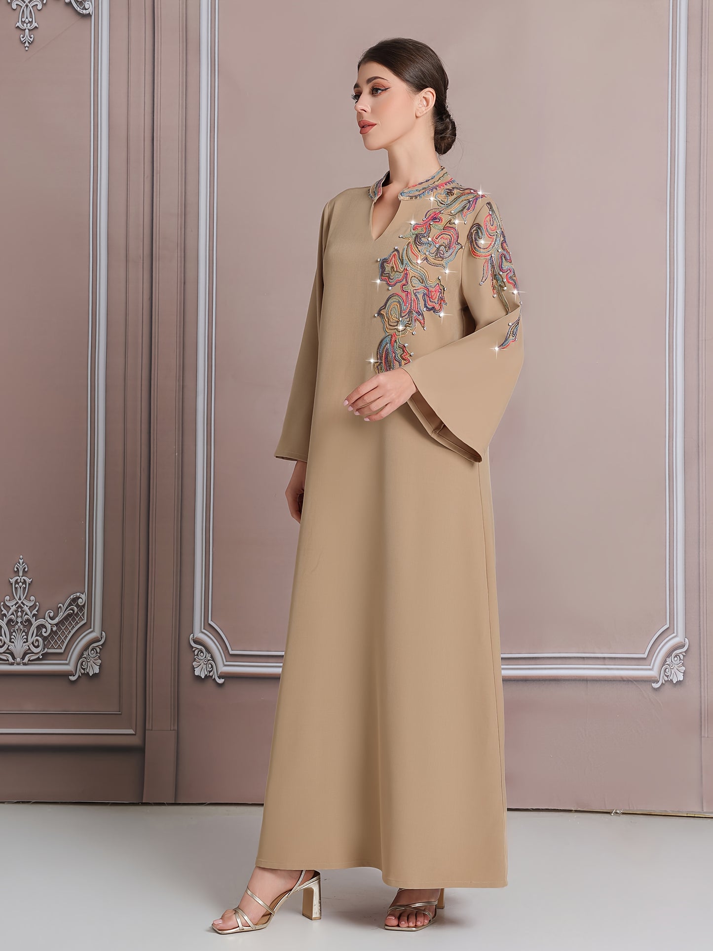 Elegant Dubai-Inspired Modern Kaftan Abaya for Women - Colorful Embroidered Long Robe with Large Size, Beige Abaya, Middle Eastern Fashion, Fashionable Clothing