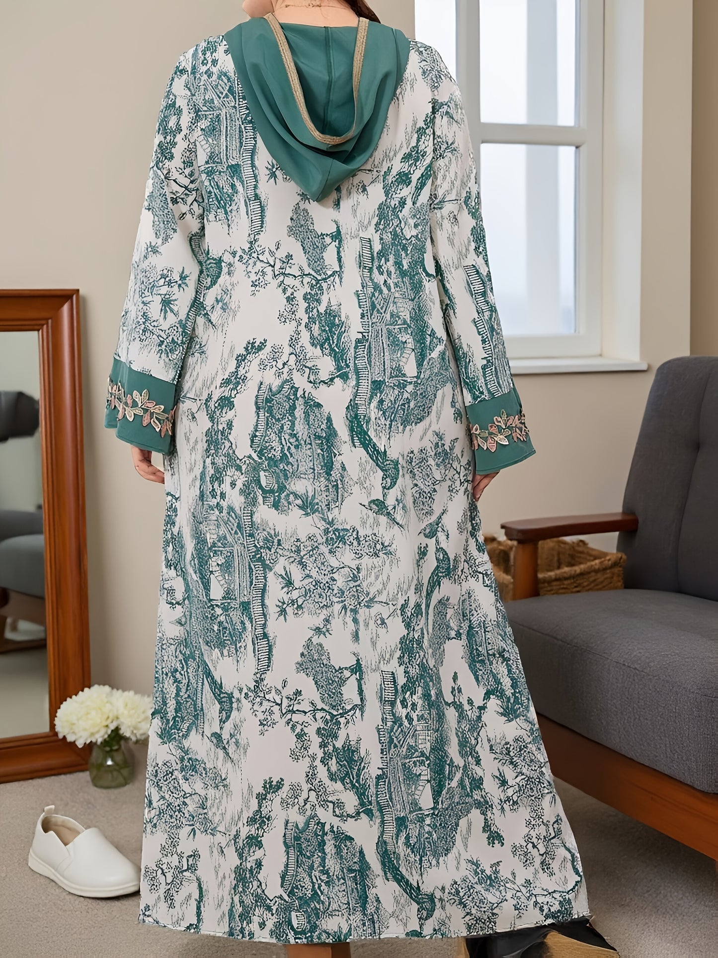 Plus Size, 2025 new landscape print decoration three-dimensional lace Middle Eastern hooded long loose large size Palestinian Abaya