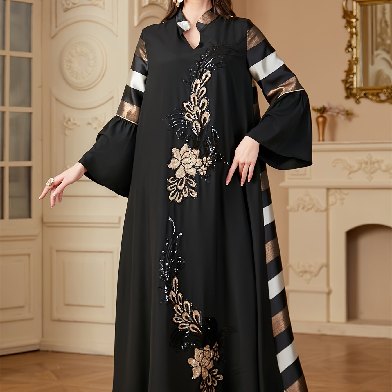 Black & Golden Ramadan Abaya Dress | Loose Fit, 100% Polyester, Long Sleeve, Modern Floral Print, Sequin Patchwork Kebaya for Muslim Women - Modest Eid & Daily Wear