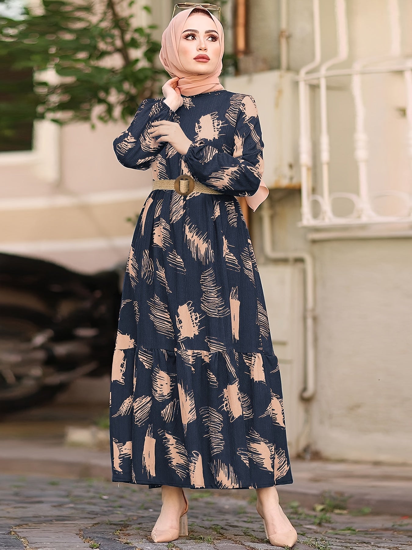 Ramadan Casual Long Sleeve Maxi Kaftan Abaya | Women's All Over Print Crew Neck Dress