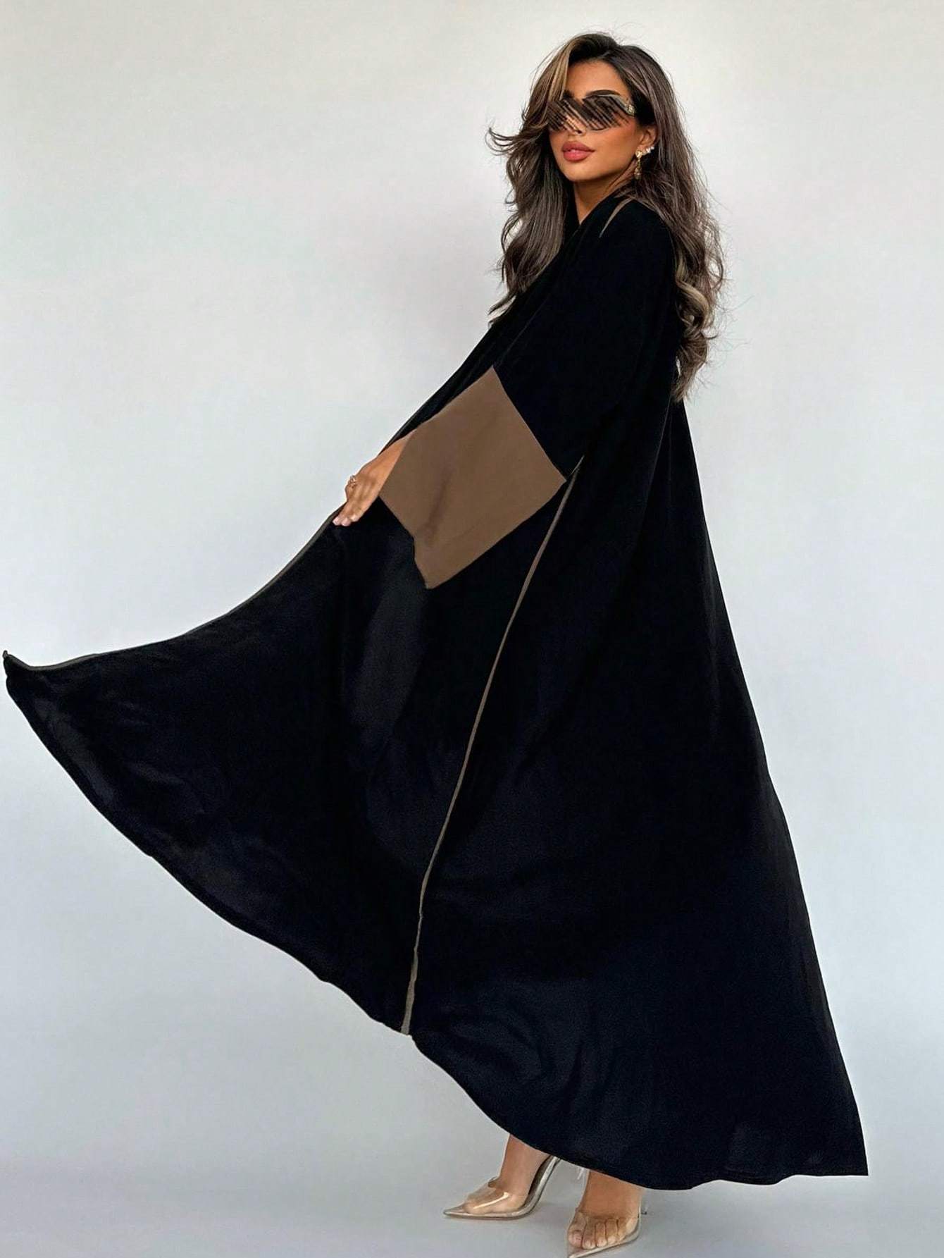 Plus Size - 1pc Plus Size Women's Abaya Burqa - Elegant Color Block Design, Loose Fit Long Sleeve with Open Front, Black & Blue Geometric Pattern, Perfect for Festive Occasions