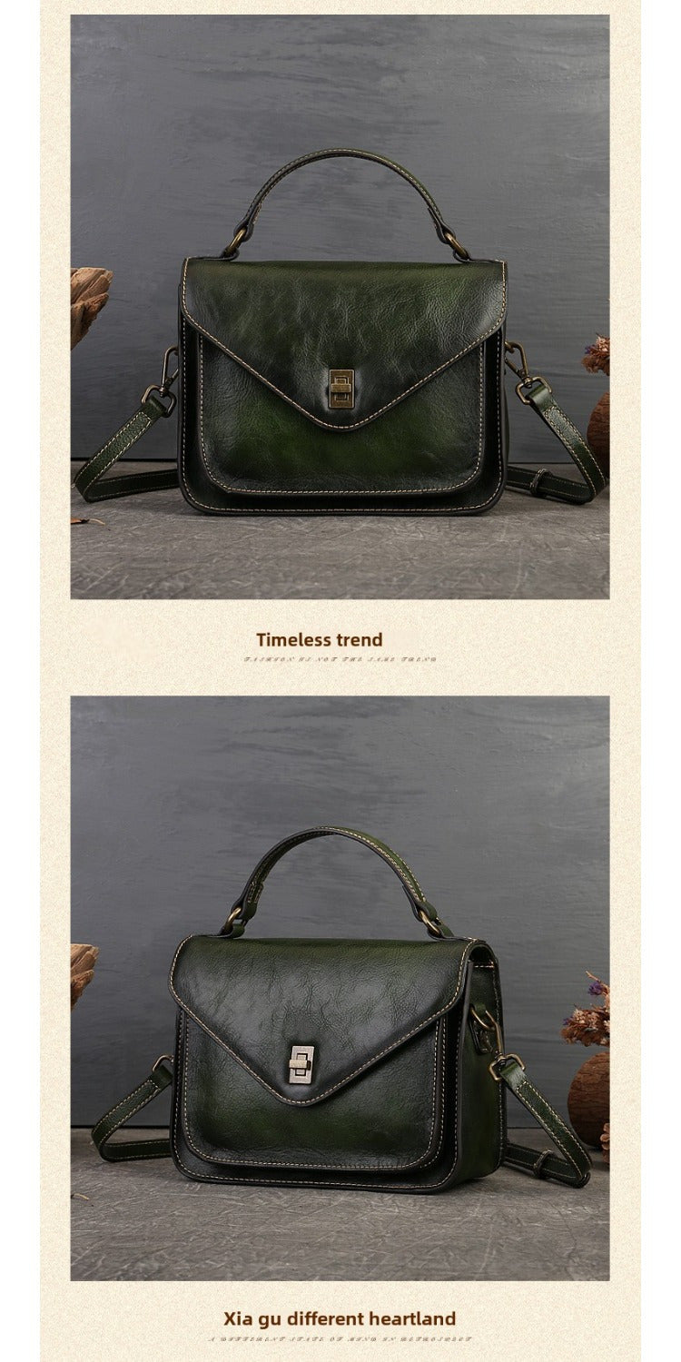 Women's Genuine Leather Retro Messenger Bag - Adjustable Crossbody & Shoulder Strap, Snap Closure, Durable Oil-Edged Trim