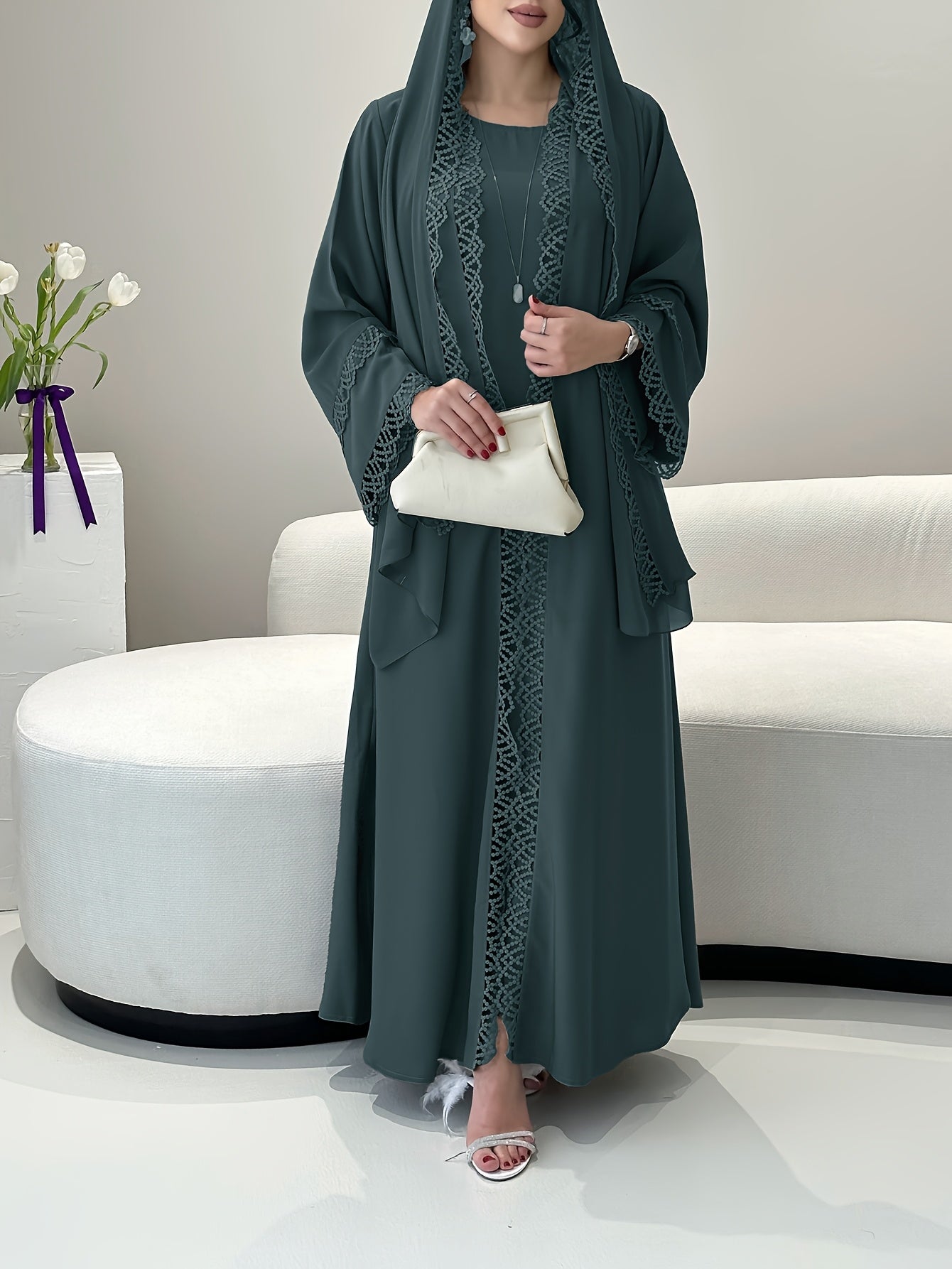 2pcs Muslim Kaftan Abaya Set with Lace Trim | Plus Sleeveless Vest Skirt, Headscarf, for Ramada