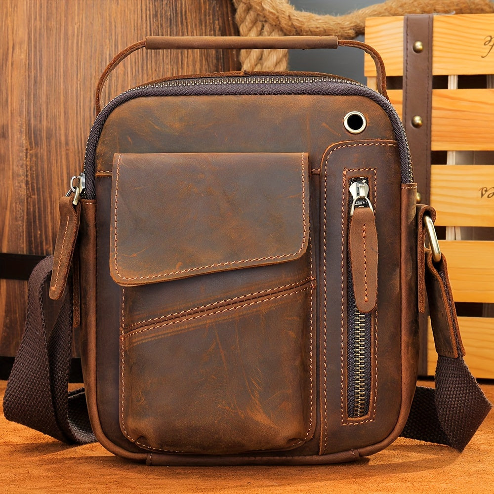 Men's Genuine Leather Vintage Crossbody Sling Bag - Coffee Brown Adjustable Strap, Large Capacity Anti-Theft Multi-Compartment