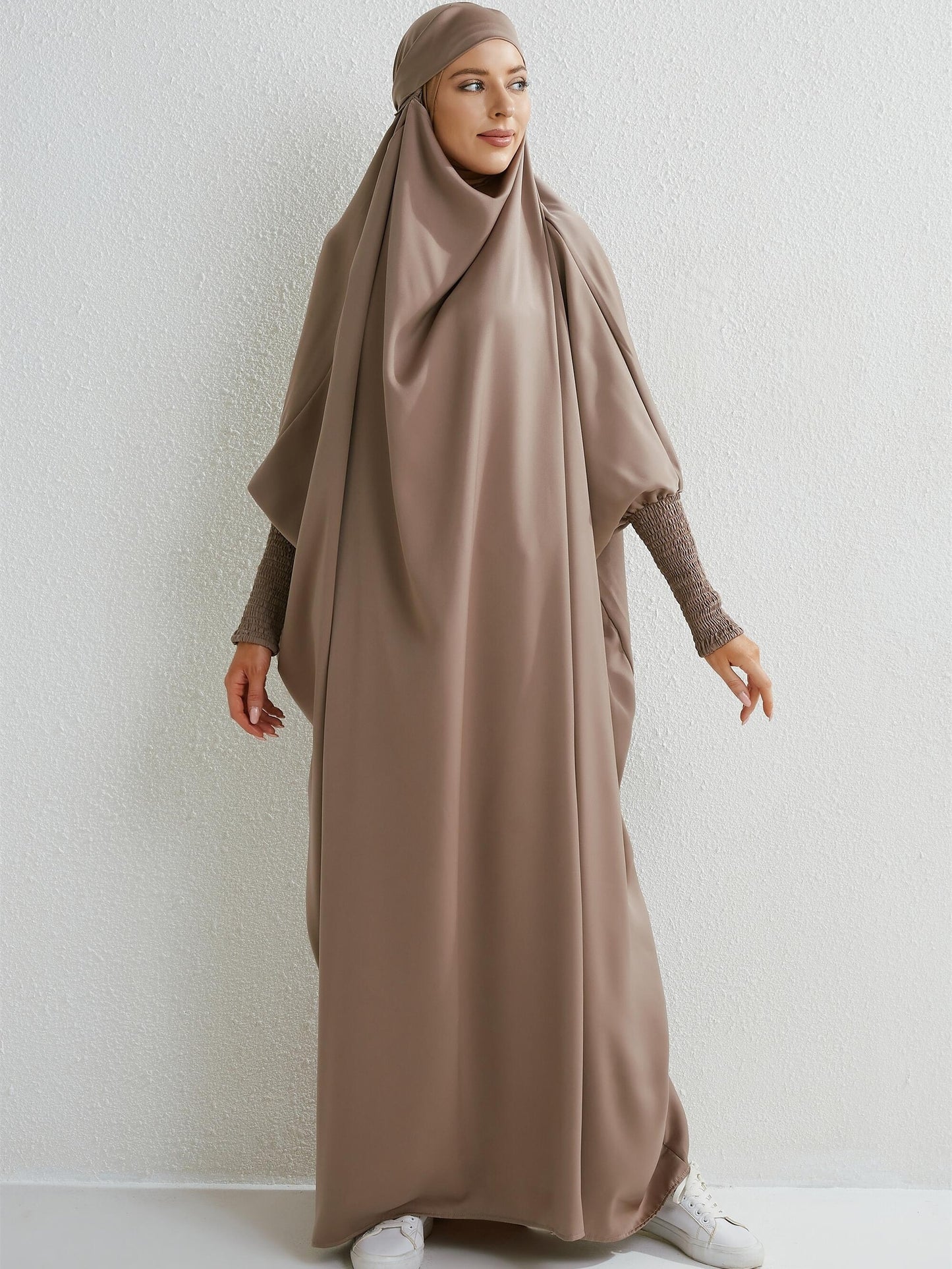Women's Modest Jibab Abaya Dress with Hijab - Batwing Sleeves & Smocking Detail, Full-Length Prayer Robe, Islamic Clothing, Machine Washable Solid Color for Ramadan & Daily Wear, Allseason Robe, Hshaped Silhouette, Nontransparent F