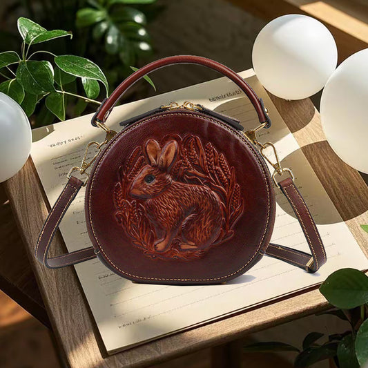 Vintage Rabbit Embossed Genuine Genuine Leather Handbag for Women – Multi-Layer Zipper, Adjustable Strap, Ethnic Style Crossbody Bag in Deep Brown, Hand Wash Only