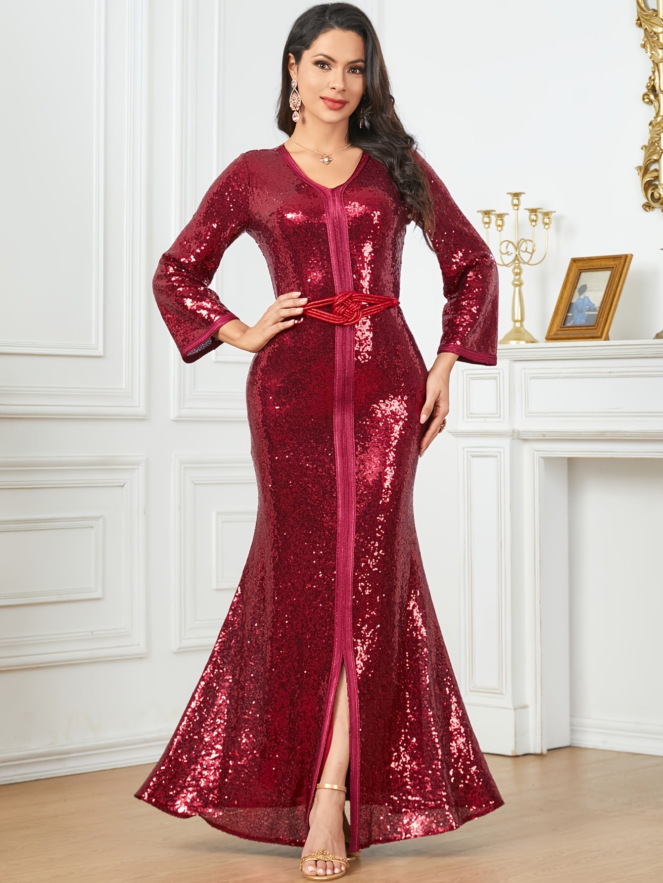 Middle Eastern Muslim Women's Beaded Mesh Panel Solid Color Belted V-Neck Slim Fit Slit Party Modern Abaya with Customizable Waistband