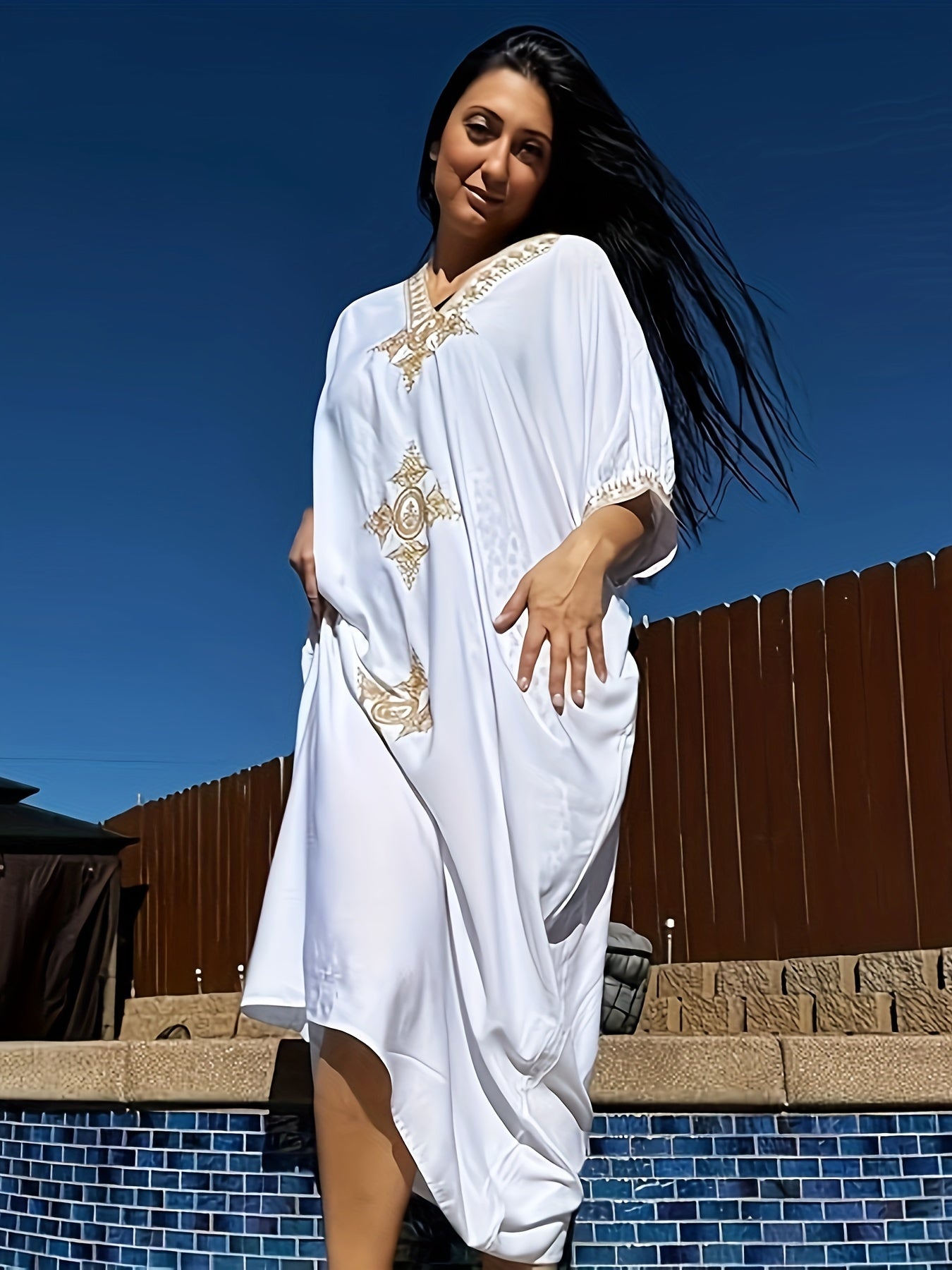 Gold Embroidery Long Kaftan Dresses V Neck Caftan Dress Beach Cover Ups