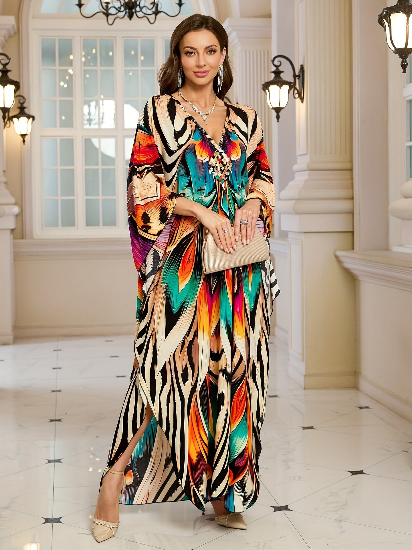 Plus Size Bohemian Beach Cover Up - for Lotus & Zebra Print V-Neck Long Sleeve Kaftan Dress with Slit Hem, Lightweight Machine-Washable Swimwear Cover for Women, Summer Poolside & Resort Wear, Beach Dress, Wear