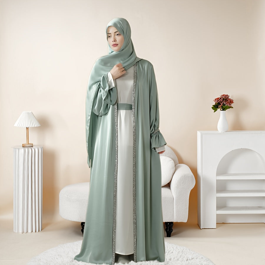 4pcs Set: Poet Sleeve Satin Abaya Eid al-Adha Abaya Muslim Women's Ramadan, Eid al-Fitr, Eid al-Adha, Mawlid, Prayer dress gown robe outfit long robe outfit comfortable soft breathable