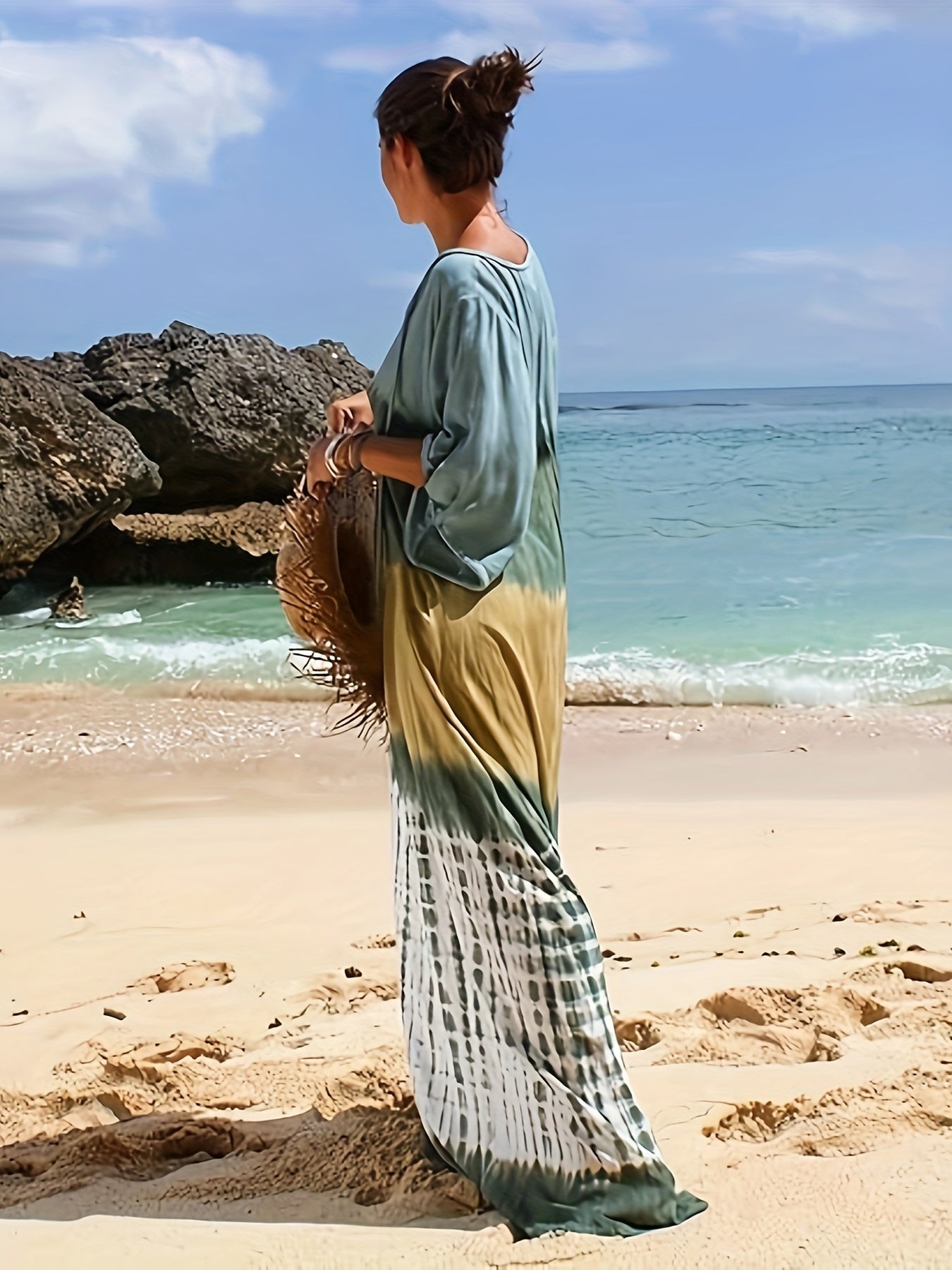 Women Green Tie Dye Kaftan Dress | Beach Cover Up Short Sleeve Maxi Dress, Casual V-Neck Kimono, Loose Fit For Spring/Summer/Fall