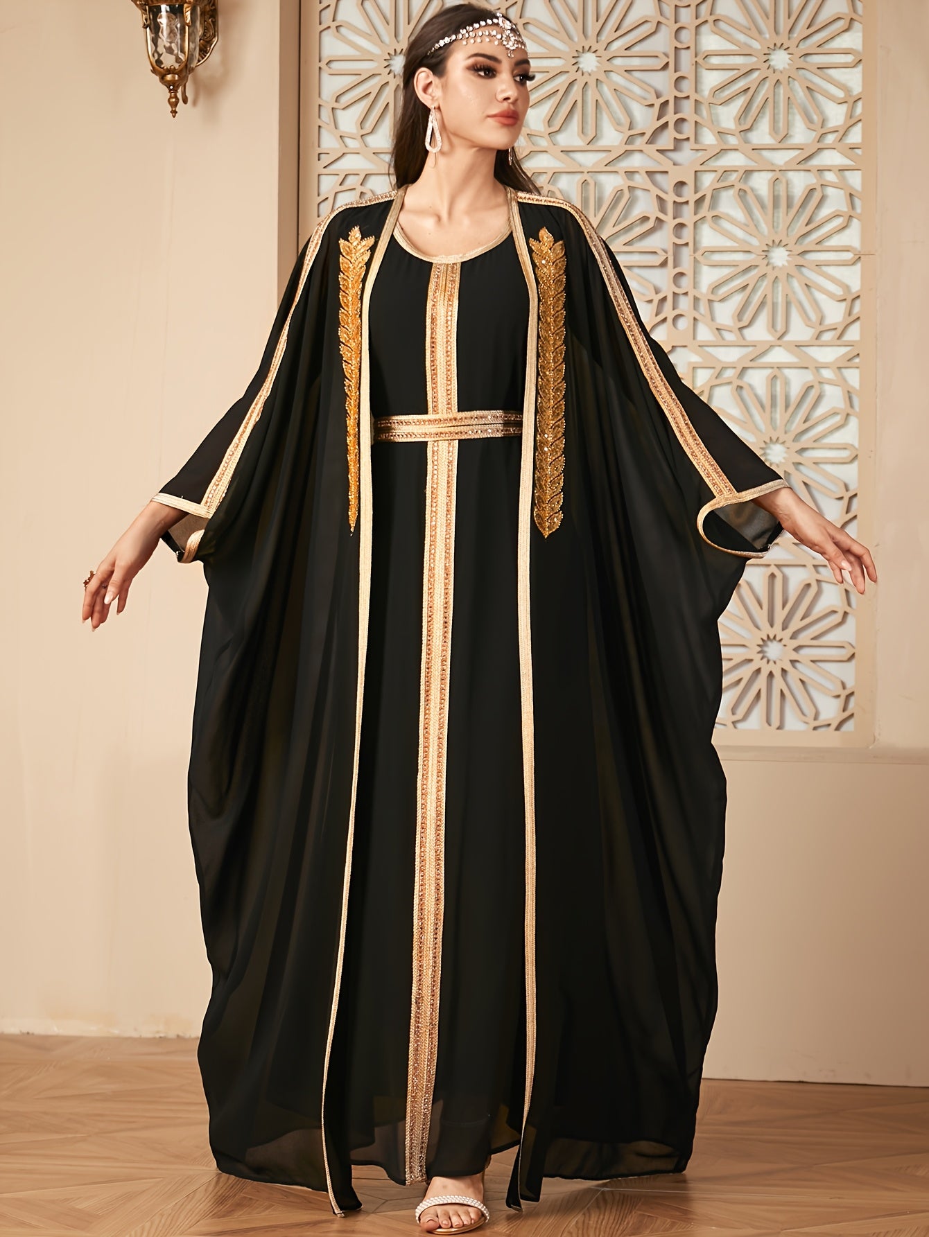 Middle East New Arrival Vest Abaya Dress + Open Cardigan Sequin Paneled Webbing Batwing Sleeve Long Robe Two-Piece Dress Set