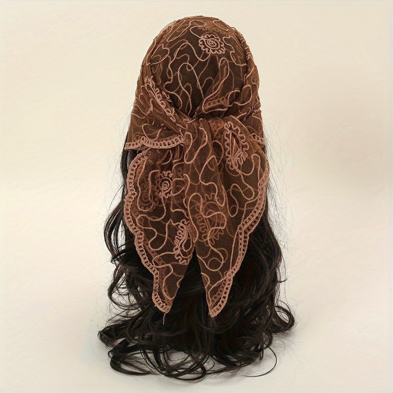 Thin Gauze Paisley Embroidery Elegant Square Scarf | Casual Rusty Brown Head Wrap