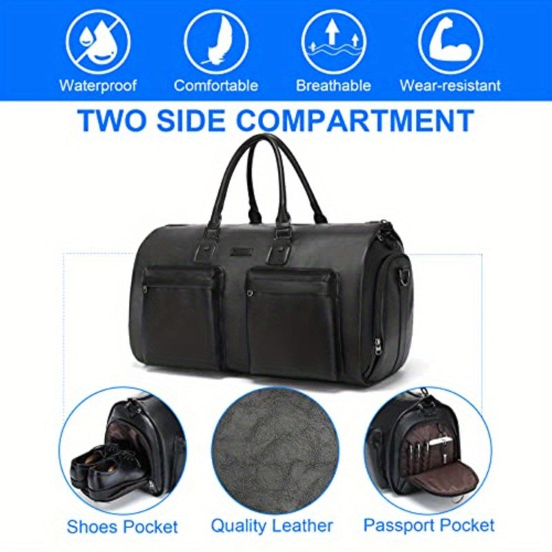 Men's 2-in-1 Garment & Duffel Bag - High Quality Vegan Leather Carry-On with Multiple Pockets, Shoe Compartment & Adjustable Shoulder Strap for Business Travel, Weekend Getaways