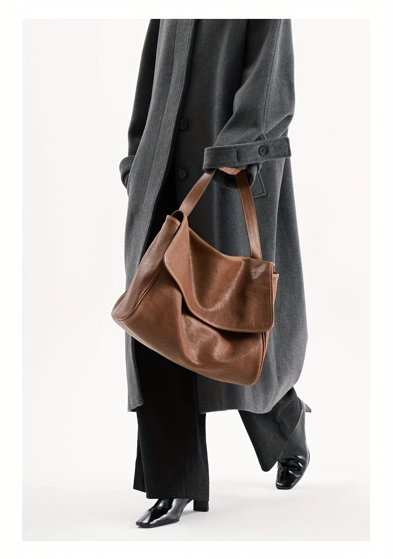 Top-Grain Vintage Genuine Leather Tote Messenger Bag - Flap Closure, Fixed Shoulder Strap, Large Capacity