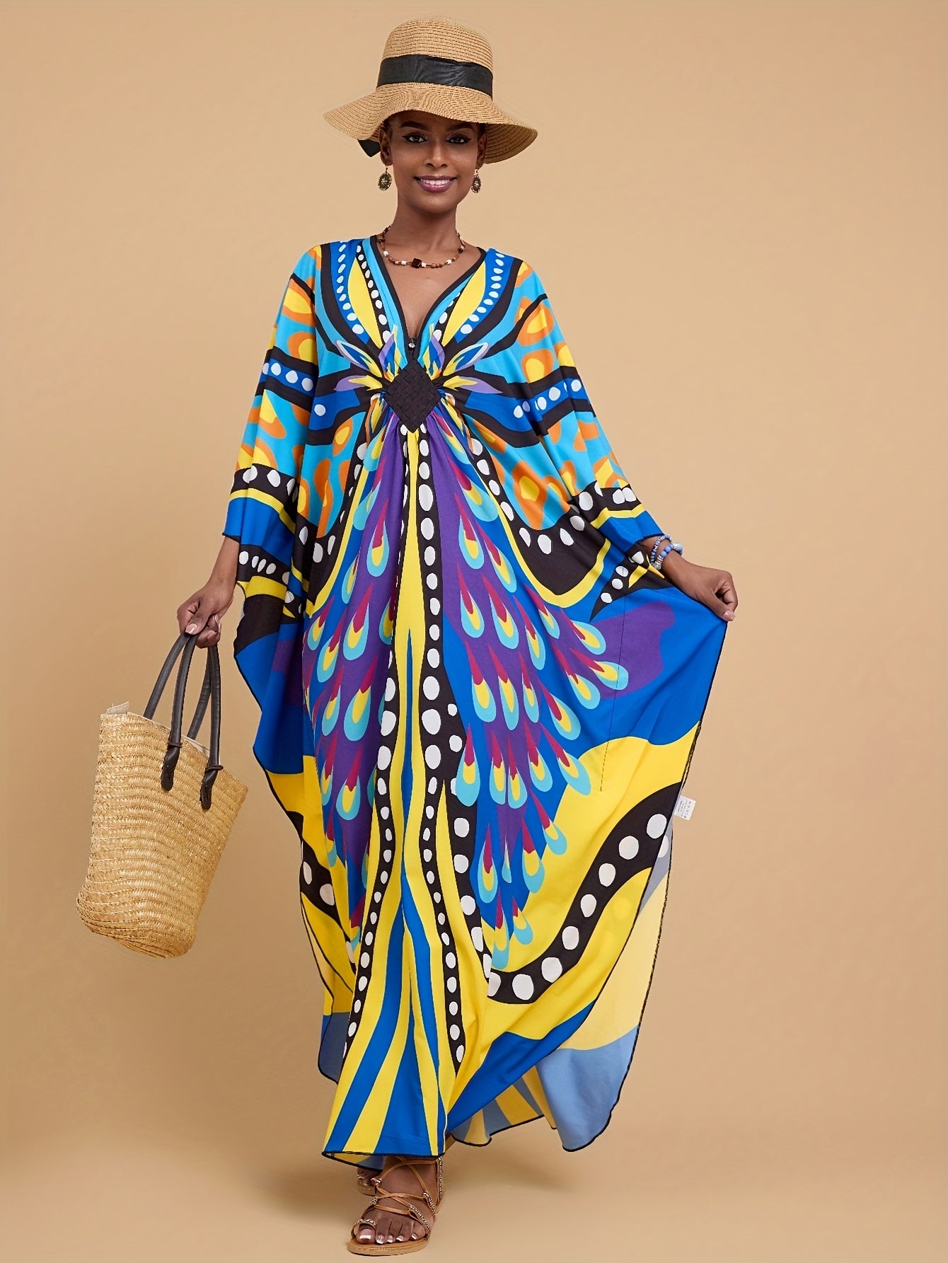 Plus Size - Maxi Dress - Vibrant Butterfly Abaya Cover Up, V-Neck Batwing Sleeve Tunic with Asymmetrical Hem, Loose Fit Long Beach Dress for Women, Spring Summer Fall Casual Outings, Beach Dress