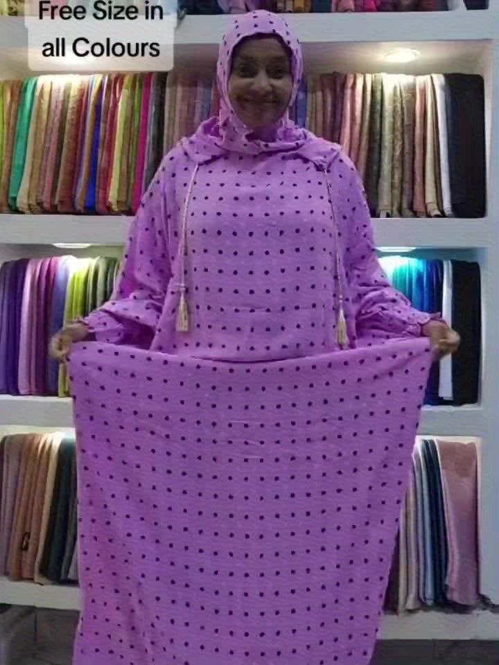 Plus Size - Elegant Plus Size Abaya with Hood - Loose Fit, Long Sleeve, Polka Dot Design, Drawstring Neck, All-Season Wear, Casual Weekend Dress for Muslim Women, Casual Wear Abaya