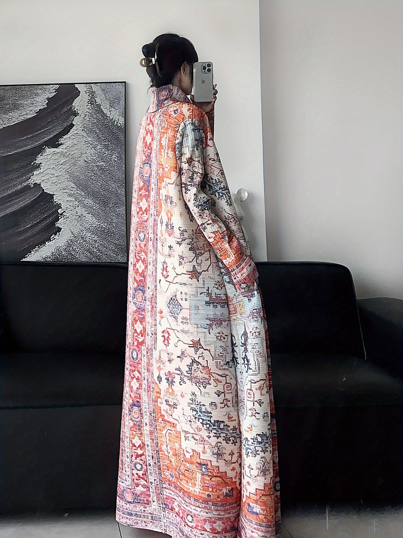 2025 Summer New Collection - Miyake Geometric Print Kimono Cardigan, High Elasticity, Long Sleeve, Open Front Abaya, Loose Fit, Lightweight Fabric, Perfect for Ramadan, Eid Al-Fitr