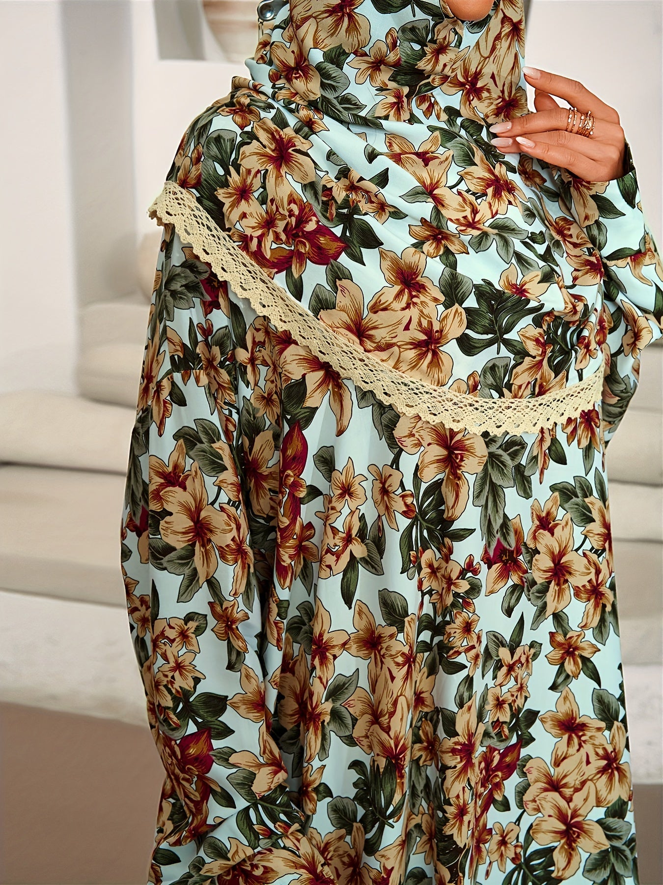 Plus Size Ramadan Floral Pattern Jibab Abaya Dress - Elegant Lace Trim, Long Sleeve, Prayer Dress with Hijab, Women's Modest Clothing for Special Occasions