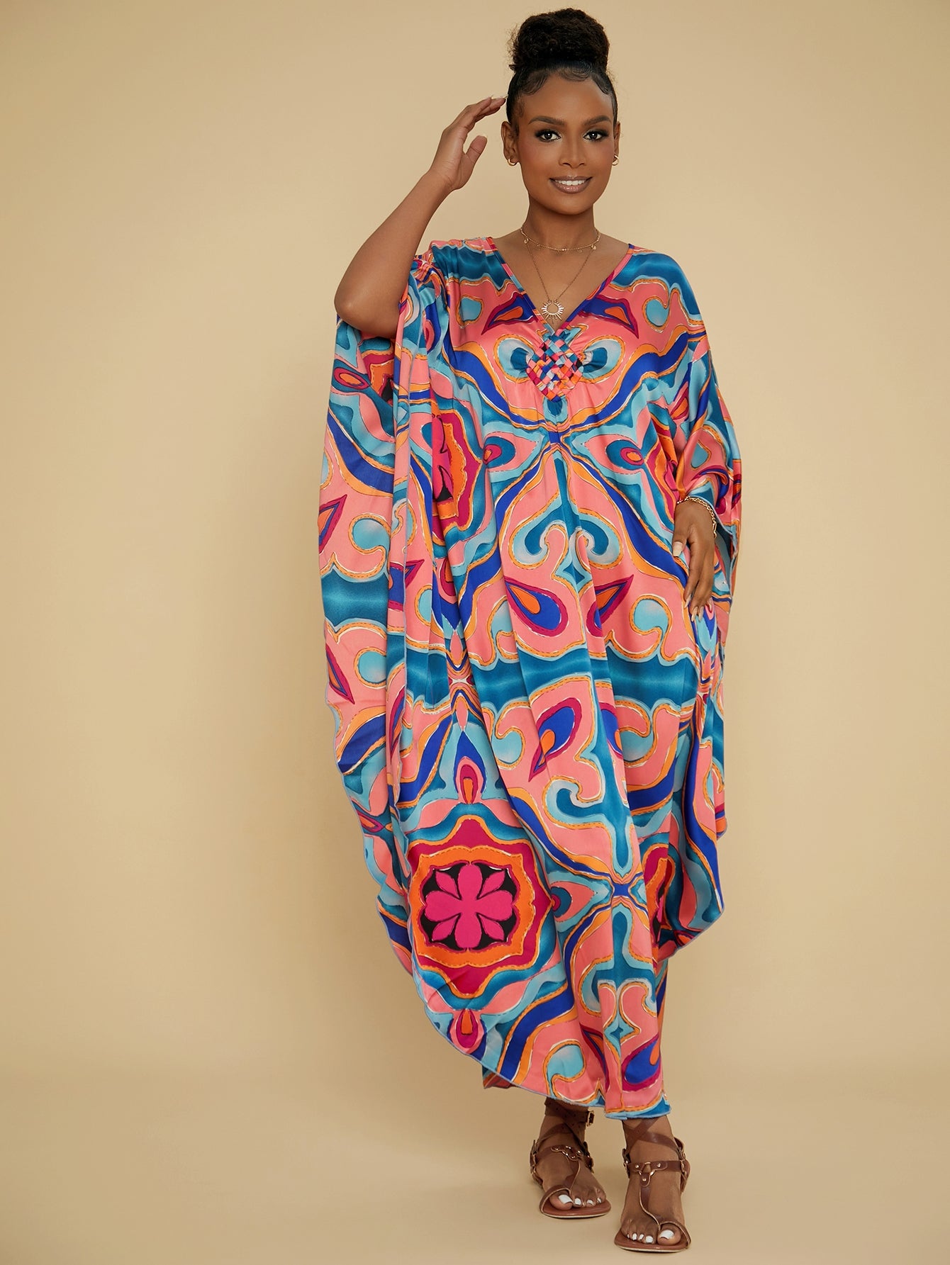 Kaftan Dresses for Women Colorful Stripe Print Crew Neck Beach Cover up Kaftan Robe Casual Home Vacation Bat Sleeve Large Size Swimwear Cover Up Side Split Dress Long Kaftan