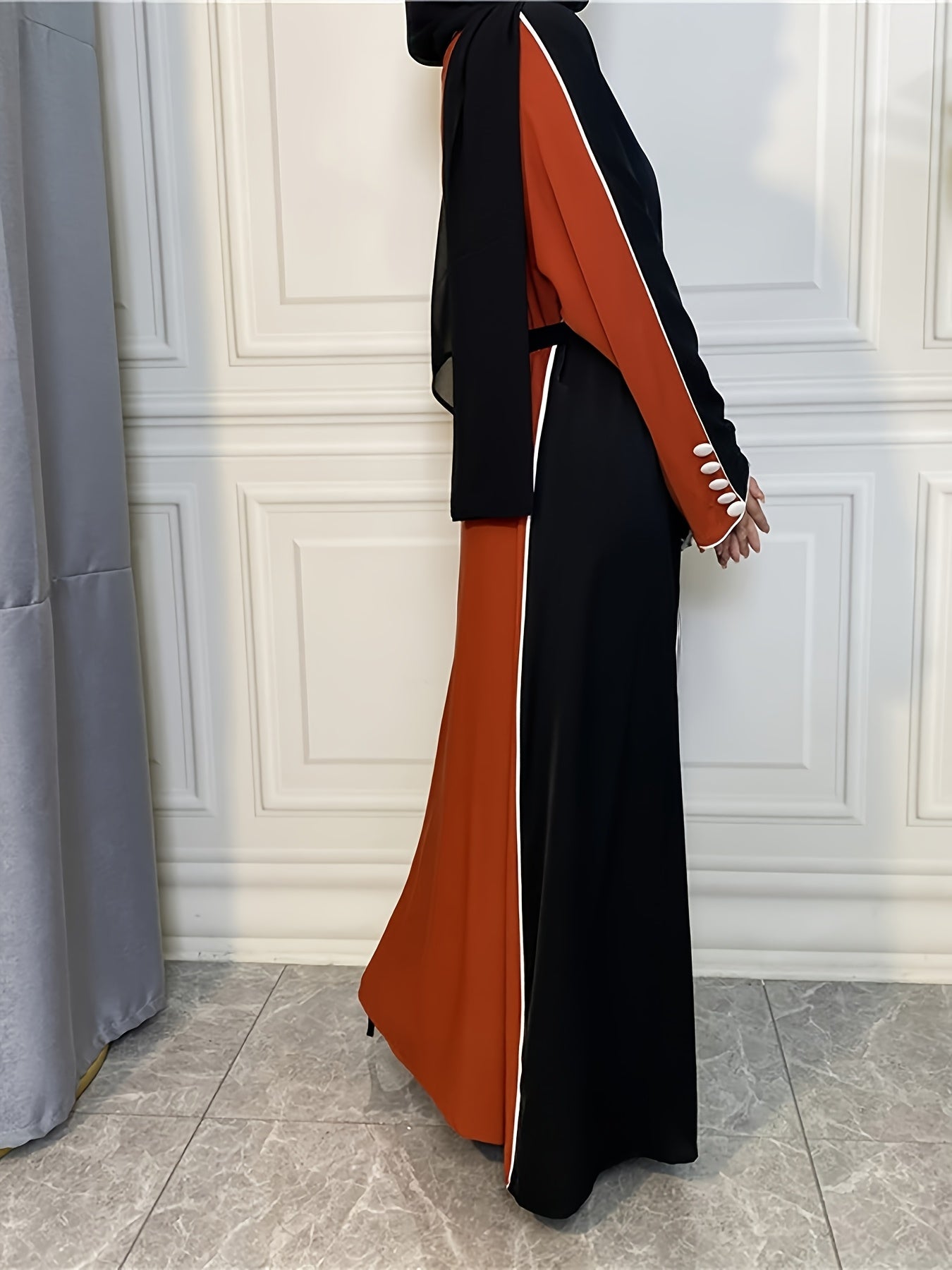 Women's Elegant Patchwork Batwing Sleeve Open Abaya - Long Sleeve, Button-Up Front, Lightweight Polyester, Perfect for Spring & Fall Casual Wear, Stylish Outdoor Attire | Breezy Abaya
